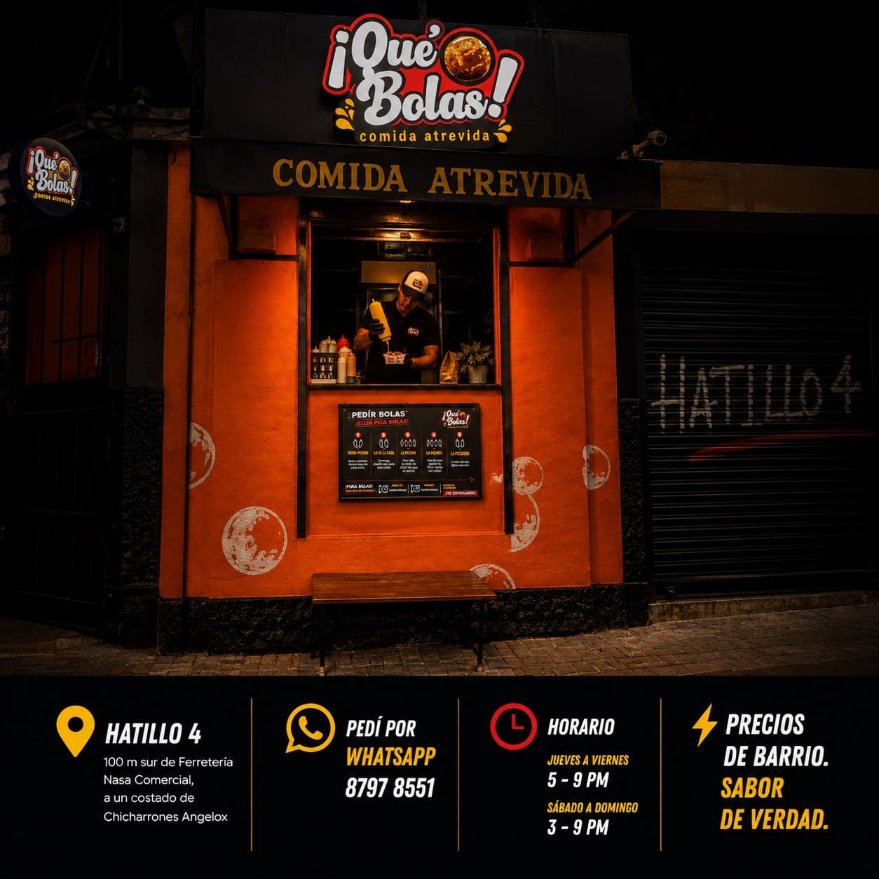 Frente real de ¡Qué Bolas! de noche en Hatillo